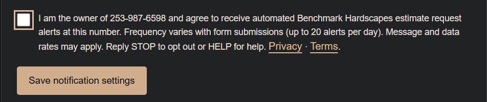 Private dashboard consent checkbox, SMS disclosures, Privacy and Terms links, and Save notification settings button
